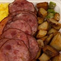 Canadian Bacon · Three thick cut round style canadian bacon, Style of eggs, and choice of (homefries) homemad...