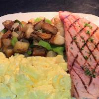 Ham Steak · Home cooked Generous cut Ham. Style of eggs, and choice of homemade country potatoes or hash...