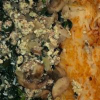 Joe's Special Scramble · Ground beef mushrooms, onions, spinach, and garlic includes hash browns or home fries and to...