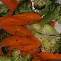 Vegetables · Side of Carrots, Broccoli, Red Onion, and Bell Pepper.
Seasoned,spiced with Garlic, White Wi...