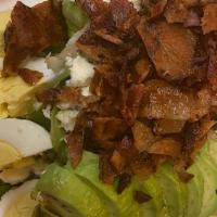 California Cobb Salad · Mixed greens, bacon bits, chopped tomato, avocado, hard boiled egg and bleu cheese crumbles.