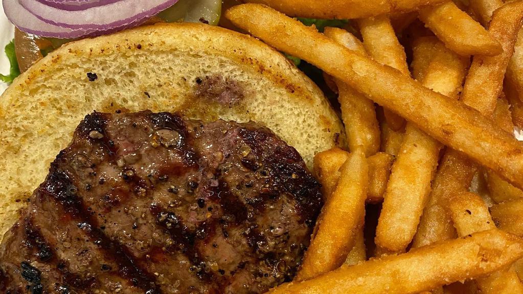 Hamburger · Half a pound of 100% certified angus beef Burger. 
Served with sides of lettuce,tomatoes, onions,pickles and mayo. As well as choice of French Fries, Potato Salad, or Coleslaw