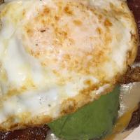 Brunch Burger · Jack, cheddar, bacon, avocado, and a fried egg.