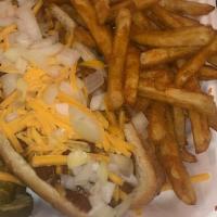 Chili Cheese Dog · Chili, onions and cheddar cheese.