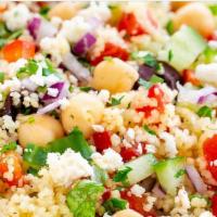  Couscous Salad · Couscous,, red onions, tomatoes, cucumbers , kalamata olives , & chick peas.