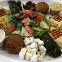 Mezza Veggie Plate · Babaghanoush, falafel, hummus, salad, olives, feta & Pita bread