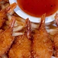 10 - GOLDEN PRAWNS · Deep-fried panko-breaded prawns (8) served with a side of french fries, complemented with a ...
