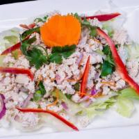 21 – LARB SALAD · Choice of ground chicken, ground pork, or ground beef with roasted chili flakes, fresh lime ...