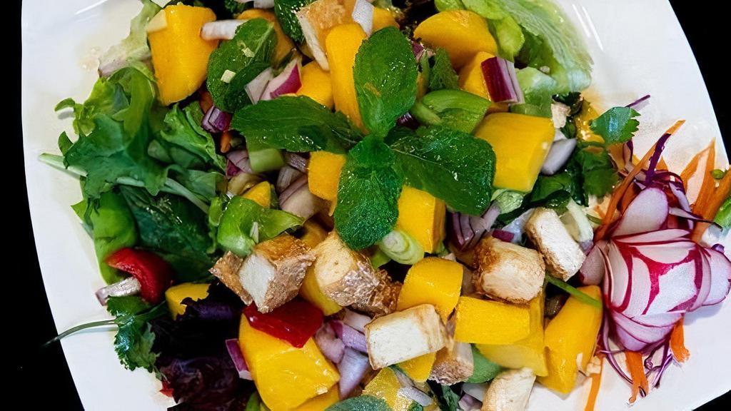23 – MANGO SALAD · Mango mixed with green onion, fresh basil leaves, bell pepper, fresh lime juice, red onion, minced ginger, fresh cilantro, and Thai chili, topped with roasted cashew nuts, served on a fresh mixed green salad