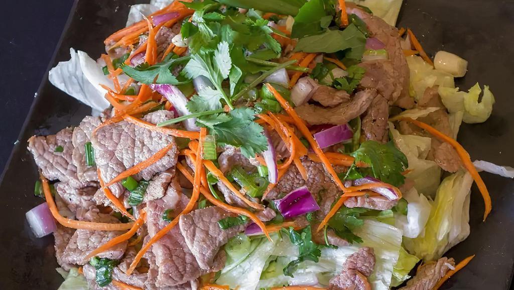 26 - BEEF SALAD · Sliced beef mixed with green onion, fresh mint leaves, diced red onion, fresh cilantro, carrot, fresh Thai chili, and roasted chili flakes, dressed in fresh lime juice, served on a fresh mixed green salad