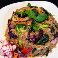 45 – SPICY BASIL VEGETARIAN FRIED RICE · Stir-fried rice with broccoli, zucchini, carrot, yellow onion, tomato, fried tofu, garlic, T...
