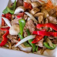 71 – ANGRY · Choice of protein sautéed with mushrooms, yellow onion, fresh basil leaves, bell pepper, Tha...