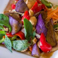 73 - EGGPLANT BASIL · Choice of protein sautéed with eggplant, minced garlic, yellow onion, bell pepper, and fresh...