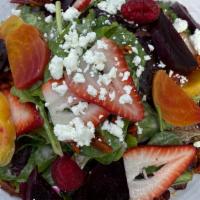 Beet Salad · red and golden roasted beets, strawberries, raspberries, goat cheese, spicy pecans, spring m...