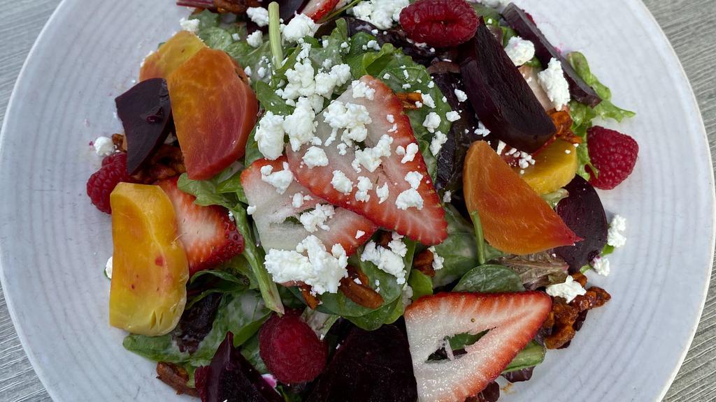 Beet Salad · red and golden roasted beets, strawberries, raspberries, goat cheese, spicy pecans, spring mix, strawberry vinaigrette