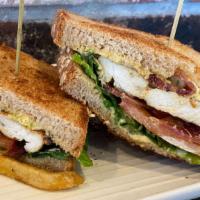 Grilled Chicken BLT · Blackened chicken breast, bacon, little gems, sliced tomato, jalapeno mayo, on wheat.