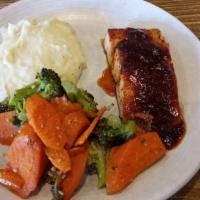 Blackened BBQ Salmon · garlic mashed potatoes and seasonal veggies