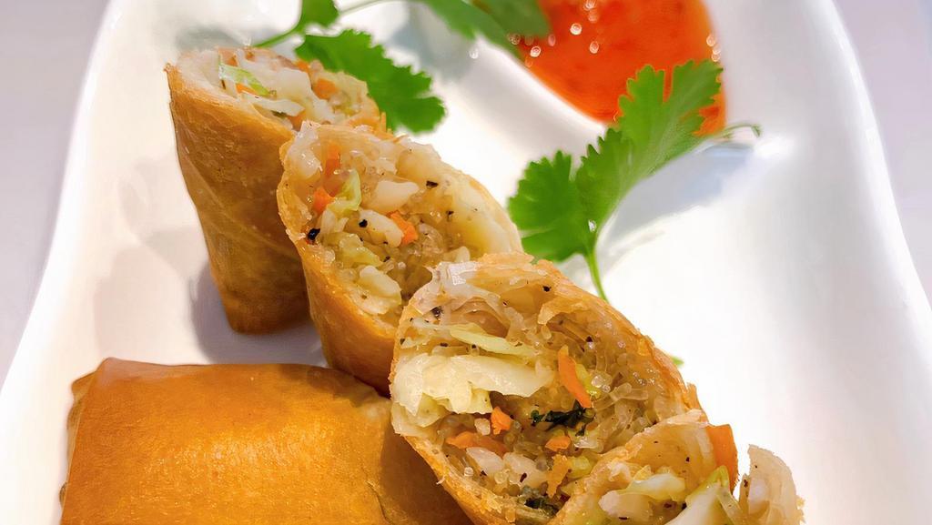 Vegetarian Rolls · Vegetarian rolls stuffed with silver noodle, carrots, and cabbage. Served with sweet and sour sauce.