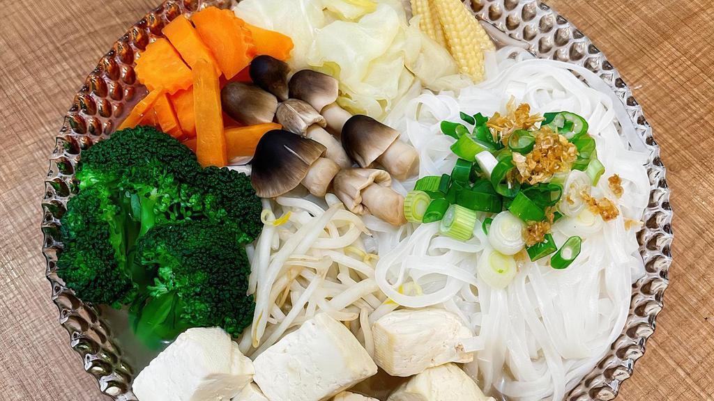 Vegetarian Noodle Soup · Choice of noodles with Chinese broccoli, napa cabbage, mushrooms, bean sprouts, and tofu in chicken broth.