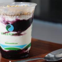 Greek Yogurt Parfait · Blueberry compote and granola.