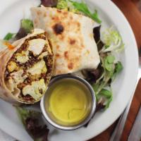 Vegan Chicken Curry Wrap · Roasted cauliflower and chickpeas, red quinoa, caramelized onions, yellow coconut curry sauc...