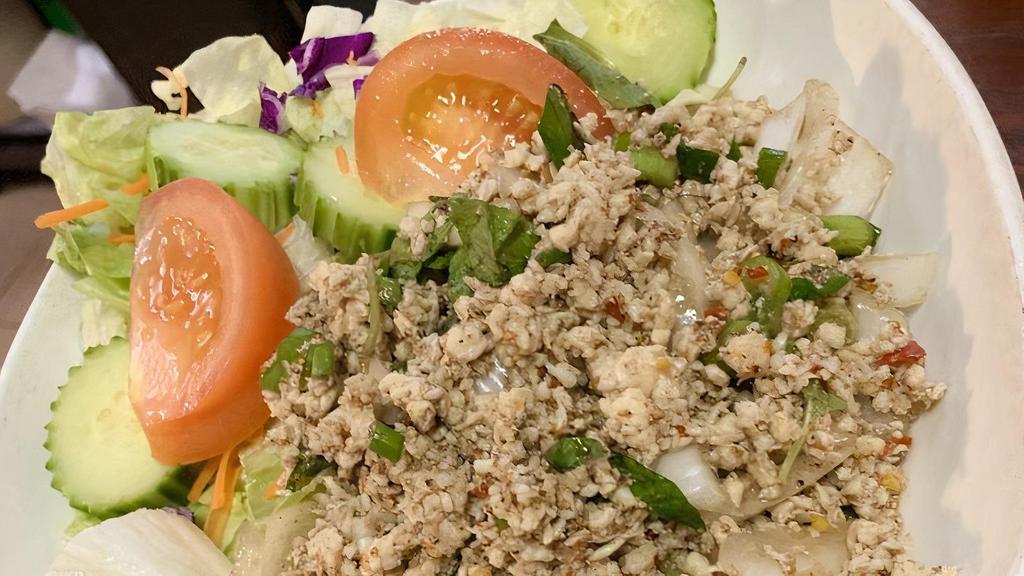 Larb · ground roasted rice powder, mint leaves, and onions tossed in thai style dressing