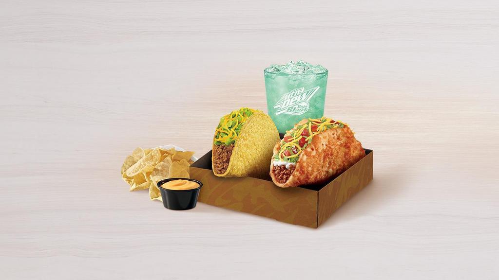 Toasted Cheddar Chalupa Box · Includes one Toasted Cheddar Chalupa, one Crunchy Taco, chips and nacho cheese sauce, and a medium fountain drink.