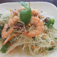 Gỏi / Green Papaya Salad · Wild shrimp, pork, carrots, mint, roasted peanuts, and fish sauce.