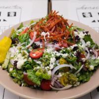 Chopped Salad (serves 1) · Fresh herbs, cabbage, romaine, salami, dry mozzarella, onions, sun dried tomato, olive (serv...