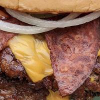 Bacon Burger · 1/3 lb of halal beef patty, 2 strips of bacon, onions, tomatoes, lettuce, mayo and mustard