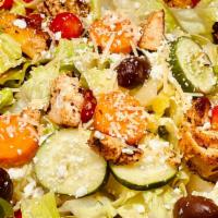 Greek Salad · Healthy. Mixed greens, feta cheese, fresh tomatoes, cucumber, kalamata olives, and carrots.