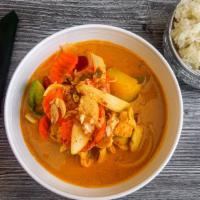 Yellow Curry · Potato, carrot, bell pepper, onion in yellow savory sauce.