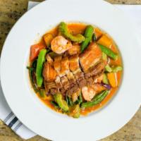 Pinakbet · Medley of fresh asian vegetables sautéed with tomatoes and shrimp paste (bagoong) topped wit...