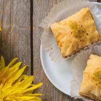 Baklava · A Mediterranean treat. Layers of flaky pastry and crushed walnuts, soaked in honey.