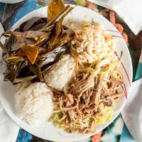 Kalua Pork Plate W/ Cabbage · The plate includes 2 scoops of rice and 1 scoop of macaroni salad.