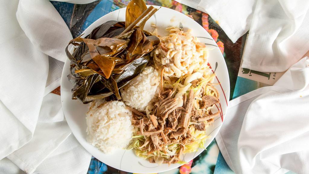 Kalua Pork Plate W/ Cabbage · The plate includes 2 scoops of rice and 1 scoop of macaroni salad.
