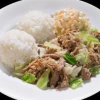Kalua Pork With Cabbage Bowl · Served with steamed white rice and mixed steamed vegetables.