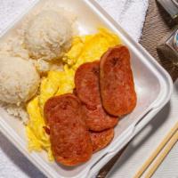 Spam & Eggs · Served with two scoops of rice and one scoop of macaroni salad.