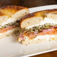 Lieng's Bagel · Smoked salmon, capers, cream cheese, pickled red onions, sprouts, fresh cracked pepper.