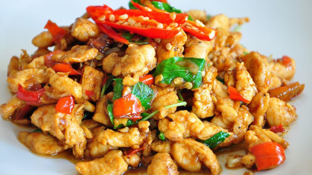 Basil Entree · Choice of protein sauteed with sweet basil, chili, garlic, bamboo shoots, onions, and bell pepper.
