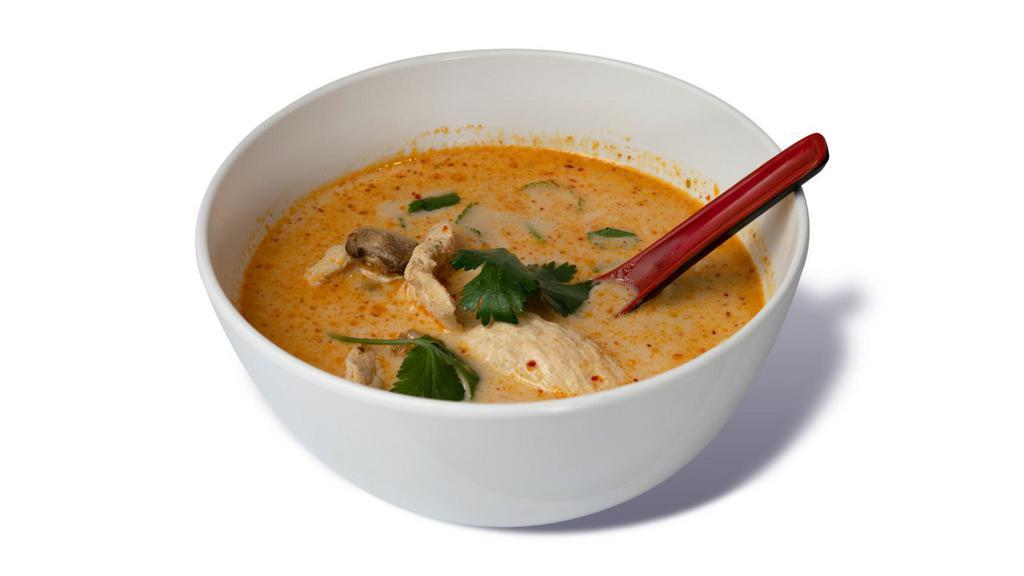 Tom Ka Soup · Traditional coconut Thai soup loaded with mushrooms, lemongrass, galanga, fresh lime juice, traditional spices, and choice of protein.