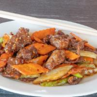 Szechuan Beef · Spicy beef with carrots and celery.