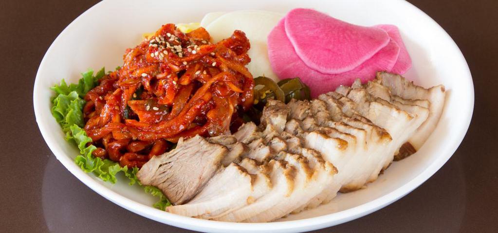 1. Bossam Jungsik (1 Serving) · Steamed pork slices with cabbage wraps.