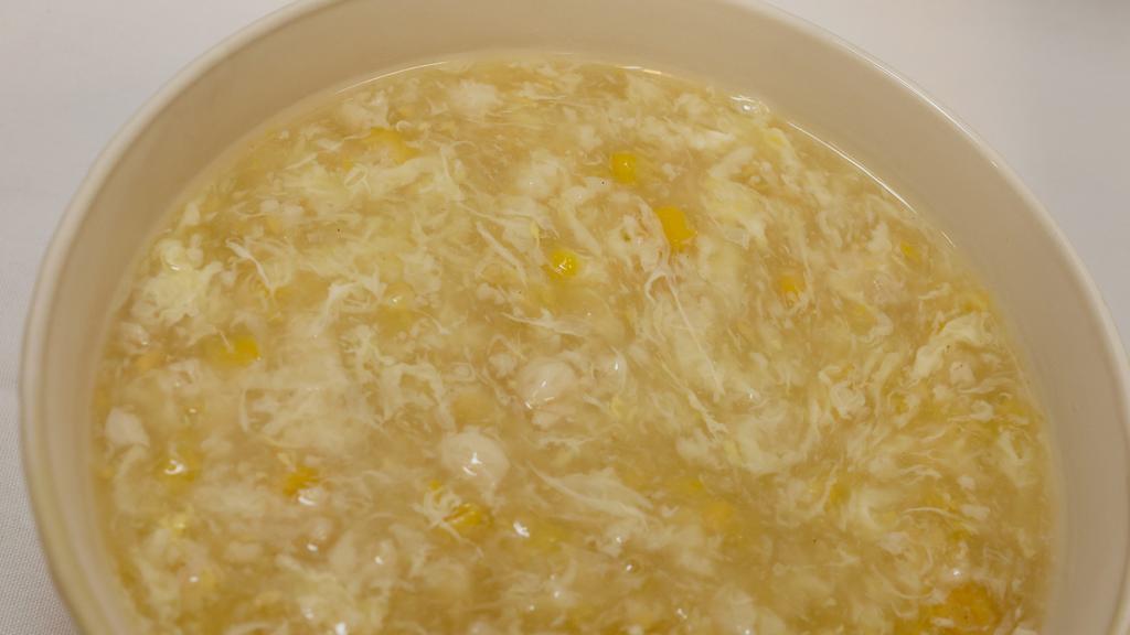 Velvet Chicken Sweet Corn Soup · Minced chicken breast and sweet corn kernels in a rich chicken broth with egg whites and light cream.