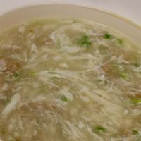 Westlake Minced Beef Soup · Minced beef, vegetarian crab meat, cilantro, and egg whites in a thick chicken broth.
