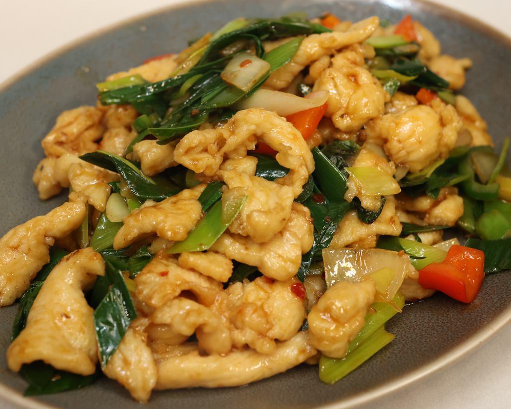 Han Gen Chicken · Spicy. Sliced chicken breast stir-fried with fresh basil, leeks and jalapeños.