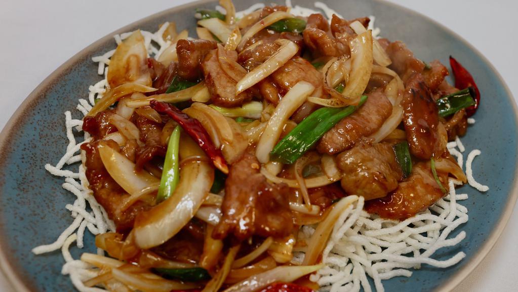 Mongolian Beef · Spicy. Stir-fried beef with yellow and green onions with bamboo shoots.
