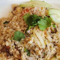 Roasted Duck Fried Rice · Fried rice with boneless roasted duck,egg,white onion and tomato,topped with cilantro and cu...