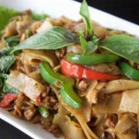 Pad Kee Mao Noodle · Spicy. Stir-fried flat rice noodle and your choice of meat with egg, Chinese green bean, bel...
