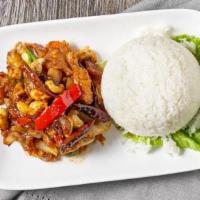 Chicken Cashew Nut · Mild Spicy. Deep fried chicken cashew nut with chili onions and bell peppers served with ste...